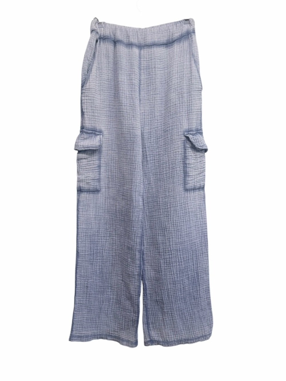 Scandal Italy 100% cotton gauze cargo high rise wide leg blue pants, medium